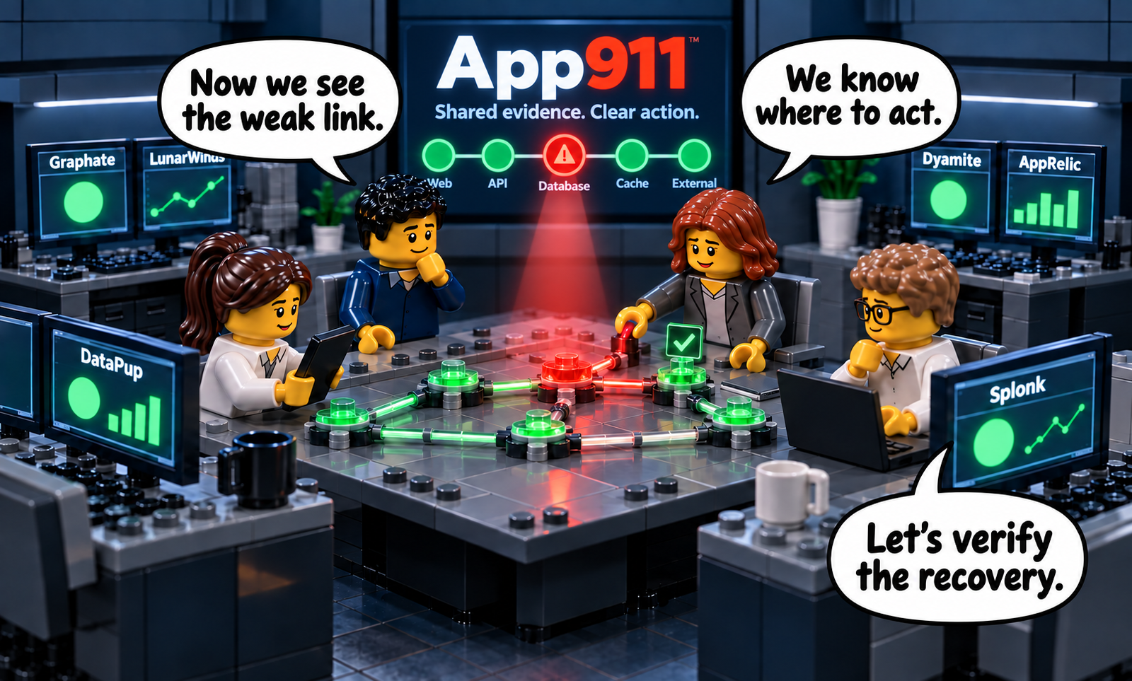 The same LEGO-style IT teams collaborate around a shared service map. An App911 spotlight isolates the weak link while the responsible team acts on the evidence.